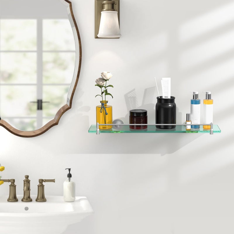Koco & K KOCOK 20 Inches Glass Shelves for Bathroom, Brushed Nickel Floating Glass Shelf Stainless Steel Tempered Glass Bathroom Shelves for Wall Mount Modern - Image 2