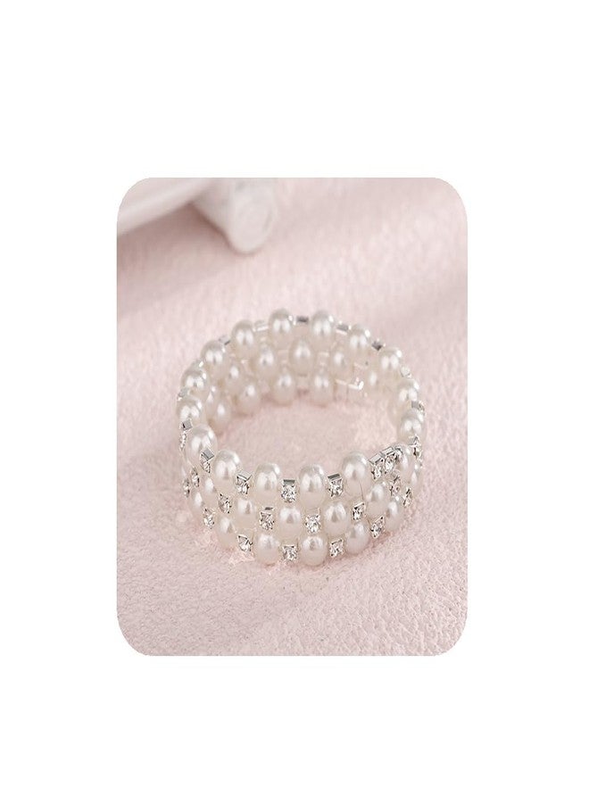 YERTTER 3-Row Dainty Silver Pearl Full Crystal Stretch Bangle Bracelet Glitter Wrap Cuff Bridal Crystal Bangle Bracelet Wedding Jewelry Gift for Women (Style H -Silver) - Image 1