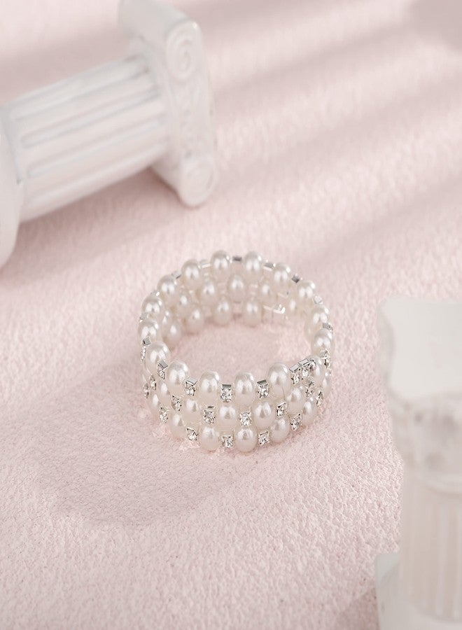 YERTTER 3-Row Dainty Silver Pearl Full Crystal Stretch Bangle Bracelet Glitter Wrap Cuff Bridal Crystal Bangle Bracelet Wedding Jewelry Gift for Women (Style H -Silver) - Image 5