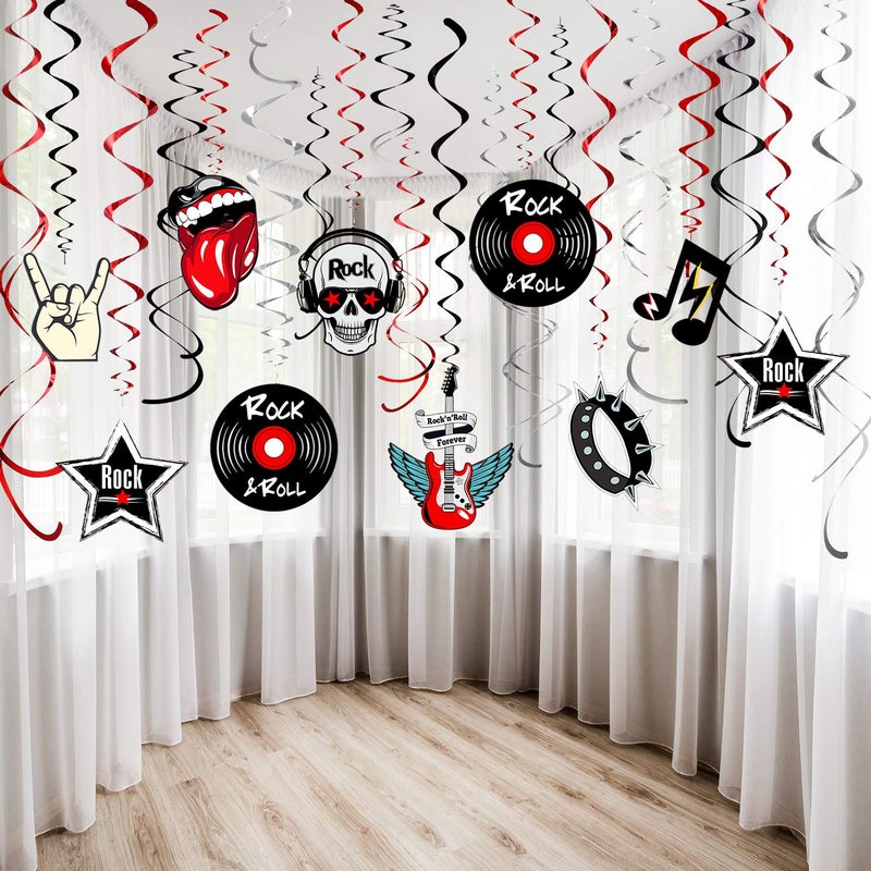 Blulu 30 Pcs Rock and Roll Theme Music Party Foil Swirl Decorations Retro Hanging Swirls Ceiling Decorations for 50s 60s Disco Party Event Supplies - Image 1