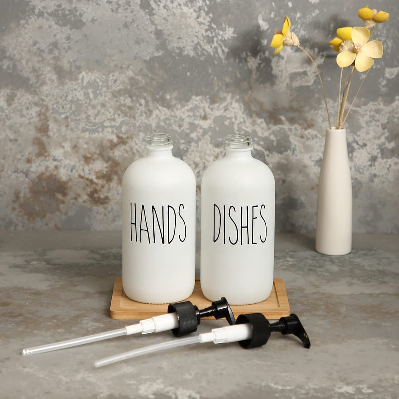 MOMEEMO Soap Dispenser Set 2 Pack, Contains Dish Soap Dispenser and Hand Soap Dispenser. 16 Oz Glass Soap Dispenser with Black Plastic Pumps. (White) - Image 3