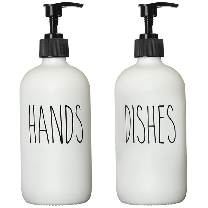 MOMEEMO Soap Dispenser Set 2 Pack, Contains Dish Soap Dispenser and Hand Soap Dispenser. 16 Oz Glass Soap Dispenser with Black Plastic Pumps. (White) - Image 1