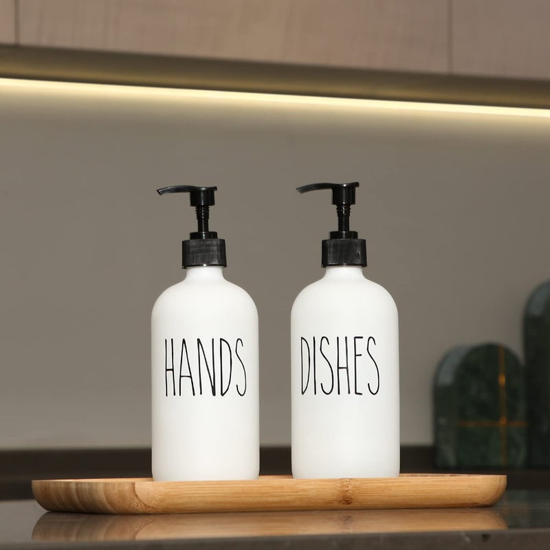 MOMEEMO Soap Dispenser Set 2 Pack, Contains Dish Soap Dispenser and Hand Soap Dispenser. 16 Oz Glass Soap Dispenser with Black Plastic Pumps. (White) - Image 4