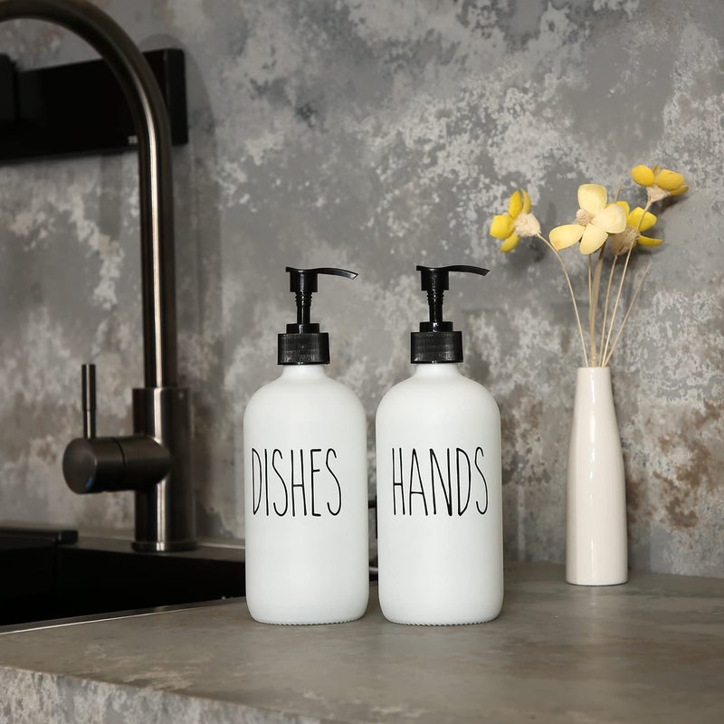 MOMEEMO Soap Dispenser Set 2 Pack, Contains Dish Soap Dispenser and Hand Soap Dispenser. 16 Oz Glass Soap Dispenser with Black Plastic Pumps. (White) - Image 2