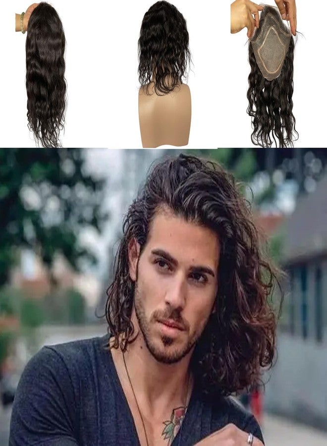 Voloria 12" Long Hair Men's Toupee Natural Wave 100% Virgin Human Hair Replacement System for Men 10"x8" Base Size Natural 1B Off Black Color - Image 1