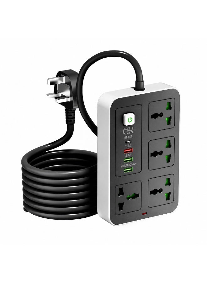 CH 4-Way Extension Socket with 3 USB Ports, 3 Meter Cord, 2500W Power Strip, Universal Plug Adapter - Black - Image 1