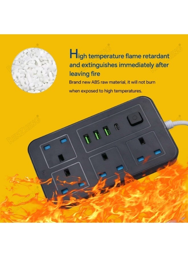 CH 4-Way Extension Socket with 3 USB Ports, 3 Meter Cord, 2500W Power Strip, Universal Plug Adapter - Black - Image 4