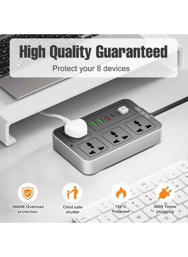 CH 4-Way Extension Socket with 3 USB Ports, 3 Meter Cord, 2500W Power Strip, Universal Plug Adapter - Black - Image 3
