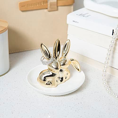 Lynagert Bunny Ceramic Rabbit Jewelry Holder Dish - Trinket Tray for Rings, Earrings, Necklace Organizer, Wedding Engagement Ring Holder (Golden) - Image 2