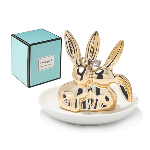 Lynagert Bunny Ceramic Rabbit Jewelry Holder Dish - Trinket Tray for Rings, Earrings, Necklace Organizer, Wedding Engagement Ring Holder (Golden) - Image 1