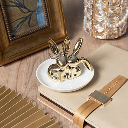 Lynagert Bunny Ceramic Rabbit Jewelry Holder Dish - Trinket Tray for Rings, Earrings, Necklace Organizer, Wedding Engagement Ring Holder (Golden) - Image 3