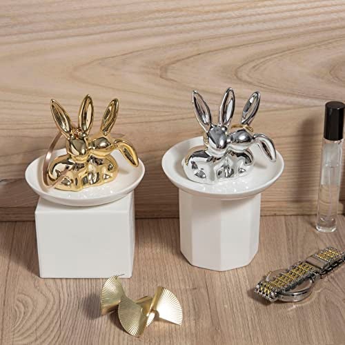 Lynagert Bunny Ceramic Rabbit Jewelry Holder Dish - Trinket Tray for Rings, Earrings, Necklace Organizer, Wedding Engagement Ring Holder (Golden) - Image 4