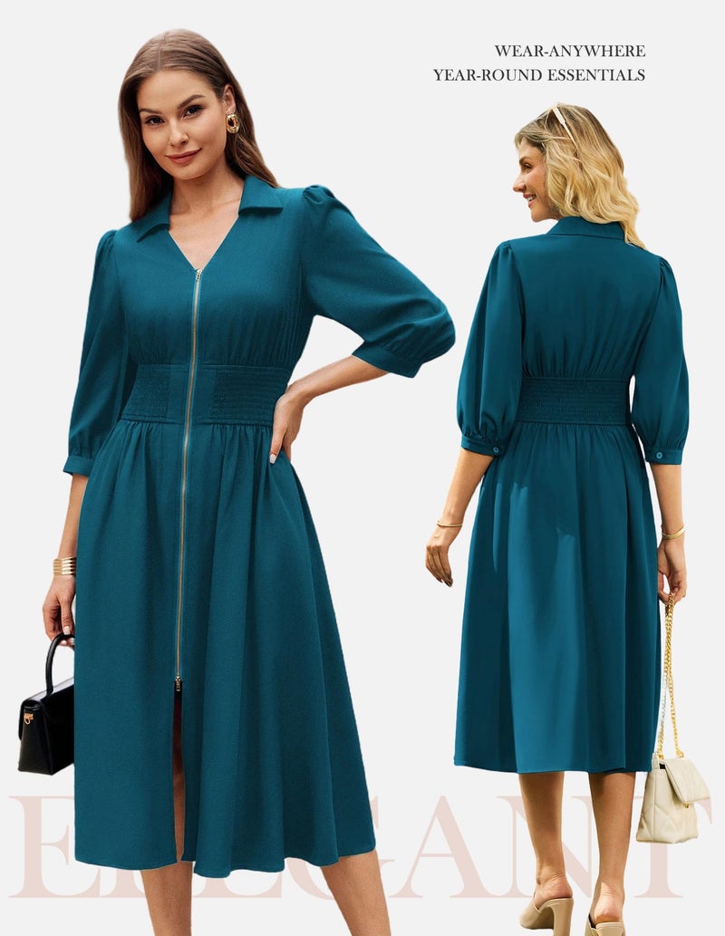 GRACE KARIN Womens Summer Midi Dress 2026 A Line Business Office Work Dress Fit and Flare Zipper 3/4 Sleeve Dress Casual with Pockets Peacock Blue Size XL - Image 3