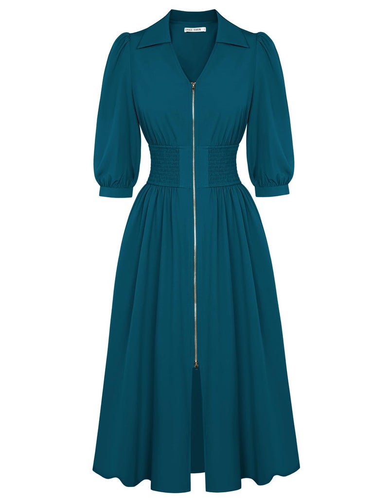 GRACE KARIN Womens Summer Midi Dress 2026 A Line Business Office Work Dress Fit and Flare Zipper 3/4 Sleeve Dress Casual with Pockets Peacock Blue Size XL - Image 1