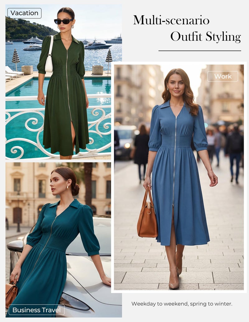 GRACE KARIN Womens Summer Midi Dress 2026 A Line Business Office Work Dress Fit and Flare Zipper 3/4 Sleeve Dress Casual with Pockets Peacock Blue Size XL - Image 2