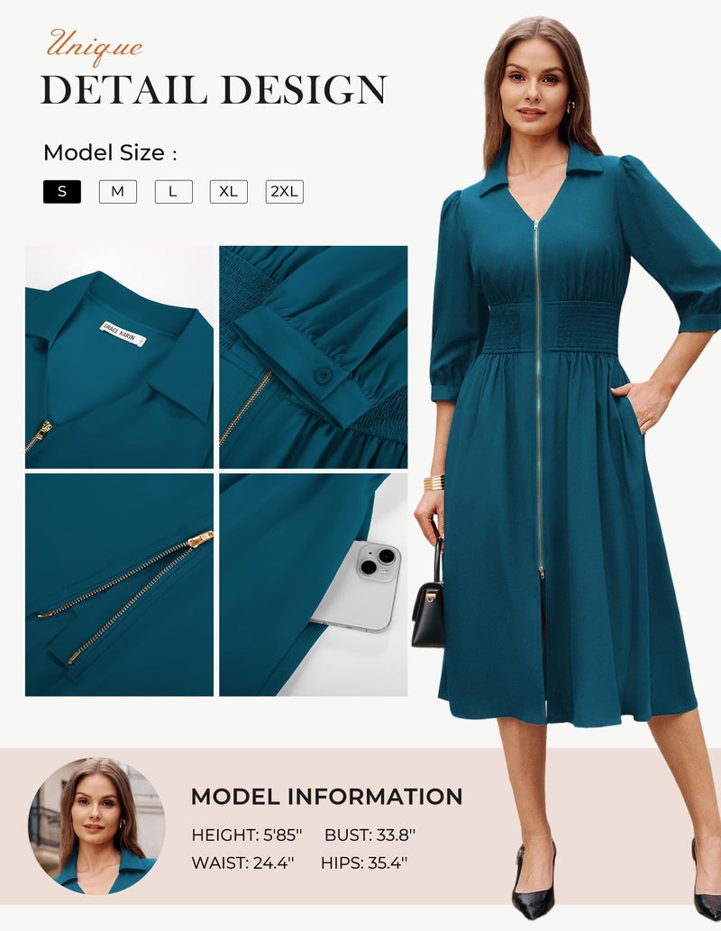 GRACE KARIN Womens Summer Midi Dress 2026 A Line Business Office Work Dress Fit and Flare Zipper 3/4 Sleeve Dress Casual with Pockets Peacock Blue Size XL - Image 5