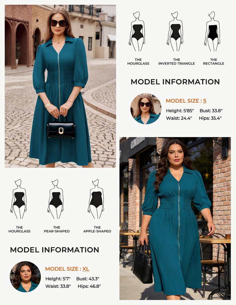 GRACE KARIN Womens Summer Midi Dress 2026 A Line Business Office Work Dress Fit and Flare Zipper 3/4 Sleeve Dress Casual with Pockets Peacock Blue Size XL - Image 4