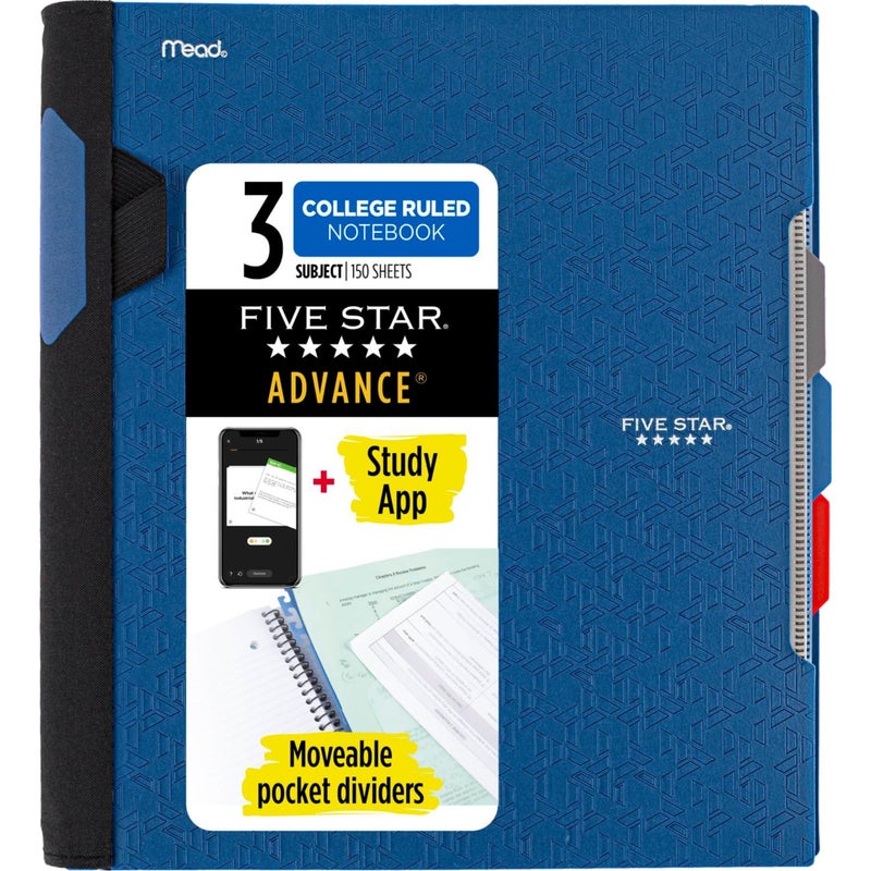 Mead Advance Spiral Notebook + Study App, 3 Subject, College Ruled Paper, 8-1/2" x 11", 150 Sheets, Spiral Guard, Movable Tabbed Dividers, Pacific Blue (73138) - Image 1