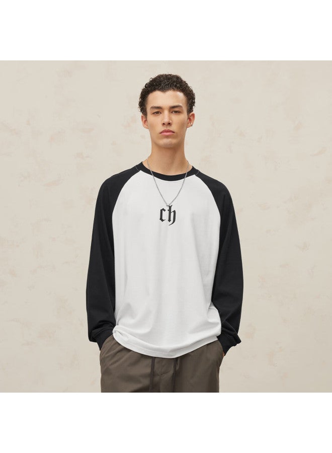 Chinism Men's Long Sleeve T-shirt With Letter Print, American Trendy Brand Contrasting Color Pure Cotton Top, Casual Loose Breathable Clothing Undershirt - Image 1