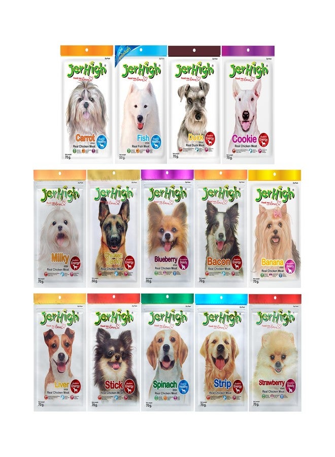 JerHigh Dog Treats Carrot+ Spinach+ Banana +Blueberry +Strawberry +Salami + Bacon +Cookie +Jerky +Duck +Liver +Milk Made Combo 14P,All Life Stages - Image 1