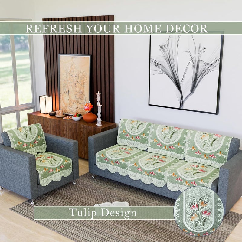 Kuber Industries Net Cotton 5 Seater Sofa Cover for Home & Hall| Sofa Slipcover Set | Couch Sofa Cover Set for Living Room | Tulip Printed | Green - Image 4