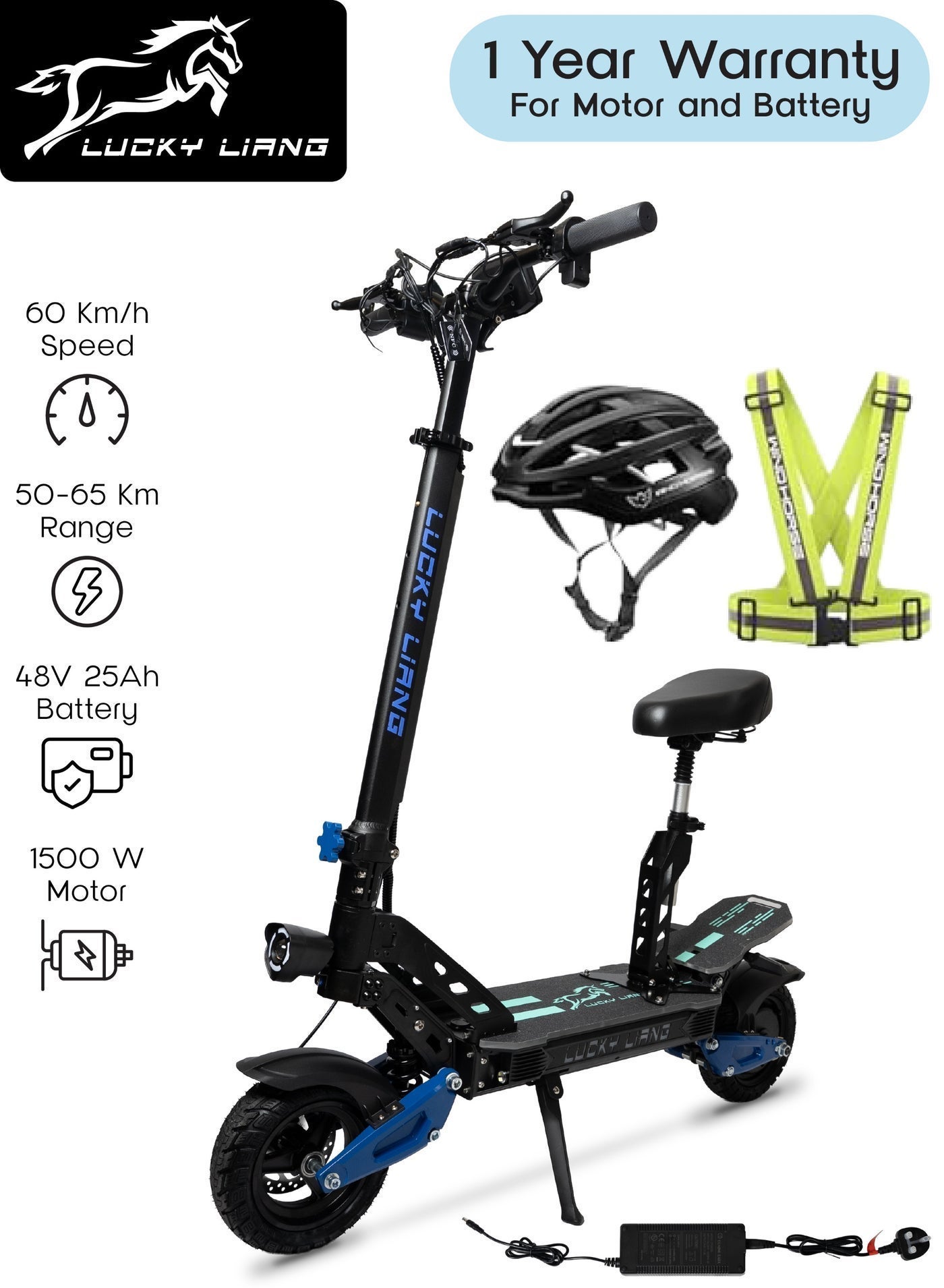 Lucky Liang L3 Pro Electric Scooter with Seat, 1500W Motor, 48V 25Ah Battery, 3-Gear Speed Modes, 65KM Range, 10" Off-Road Tires, Rear Suspension, Foldable Frame