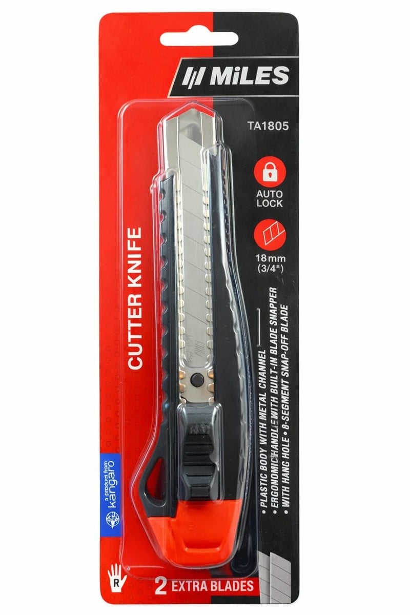 ميلس سكين متعدد الاستخدامات شديد التحمل مقاس 18 مم مزود بقفل تلقائي وقناة معدنية، مع شفرتين إضافيتين. - Image 1