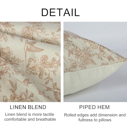 RinRinfam Brown Floral Pillow Cover 18x 18 Set of 2, Vintage Block Print Blooming Flower and Bird Decorative Linen Pillow Cushion Case,Modern Home Decor for Outdoor Couch Bedroom Car - Image 2