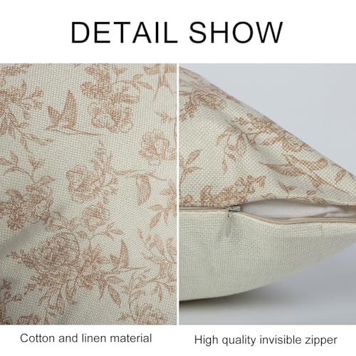 RinRinfam Brown Floral Pillow Cover 18x 18 Set of 2, Vintage Block Print Blooming Flower and Bird Decorative Linen Pillow Cushion Case,Modern Home Decor for Outdoor Couch Bedroom Car - Image 3