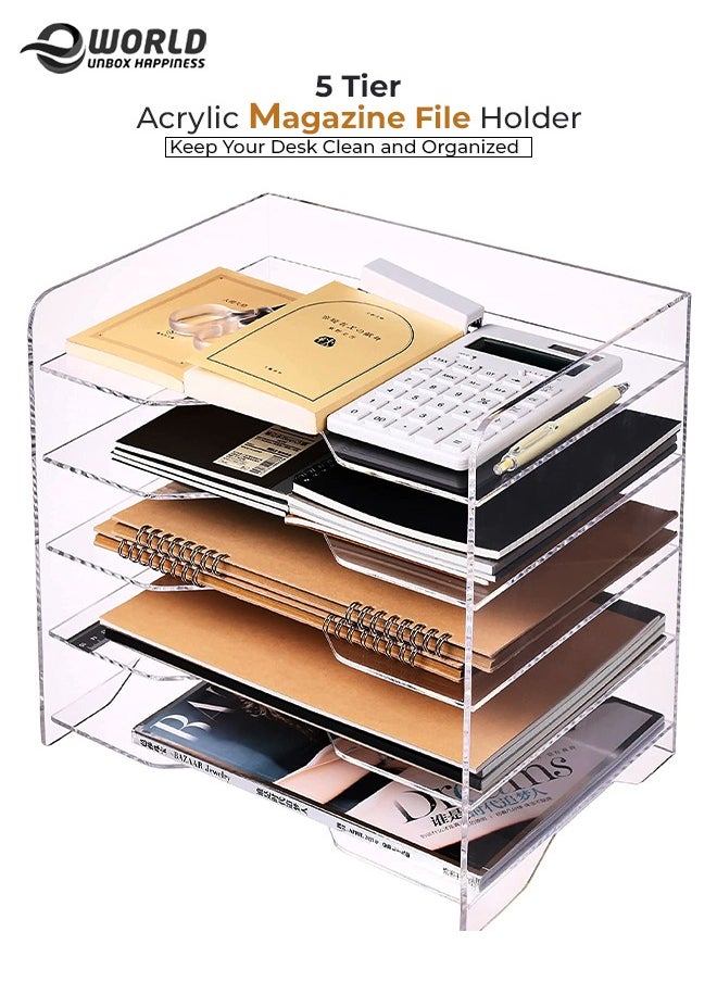 Eworld 5 Tier Clear Acrylic Magazine File Holder Document Storage Organising Stand and Desk Organiser for Files Books and Papers  - Image 1