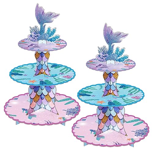 BACUTHY 2 Pack Mermaid Cupcake Stand Birthday Party Decorations, Under The Sea Supplies Favors with Mermaid Tail Toppers for Little Girl, Baby Shower - Image 1