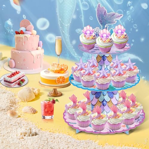 BACUTHY 2 Pack Mermaid Cupcake Stand Birthday Party Decorations, Under The Sea Supplies Favors with Mermaid Tail Toppers for Little Girl, Baby Shower - Image 2