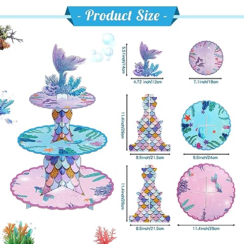 BACUTHY 2 Pack Mermaid Cupcake Stand Birthday Party Decorations, Under The Sea Supplies Favors with Mermaid Tail Toppers for Little Girl, Baby Shower - Image 3
