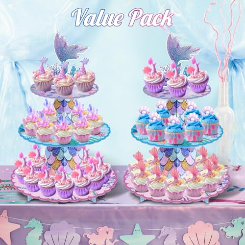 BACUTHY 2 Pack Mermaid Cupcake Stand Birthday Party Decorations, Under The Sea Supplies Favors with Mermaid Tail Toppers for Little Girl, Baby Shower - Image 5