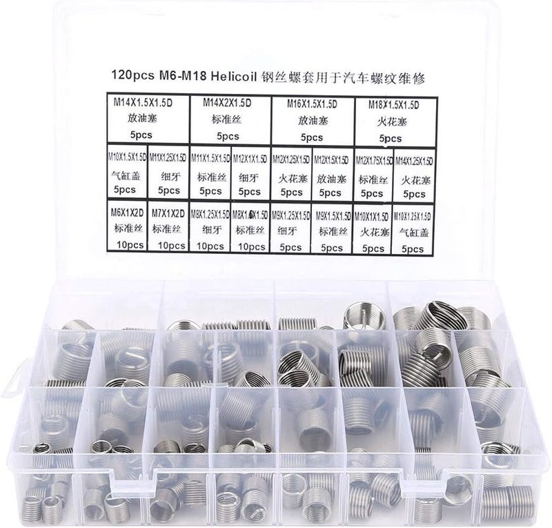 120pcs M6 - M18 Stainless Steel Metric Thread Repair Insert Kit, Thread Repair Tool for Damaged Screw Holes, Includes Storage Case for Auto and Machinery Repair - Image 1