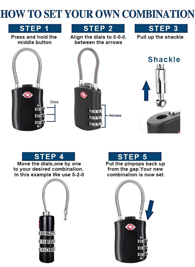 2 Pack TSA Approved Combination Luggage Locks,  Combination Padlock with Alloy Body TSA Lock for Luggage, Travel Bag, Lockers, Gym, Bike Locks or Other（White & Black）  - Image 3