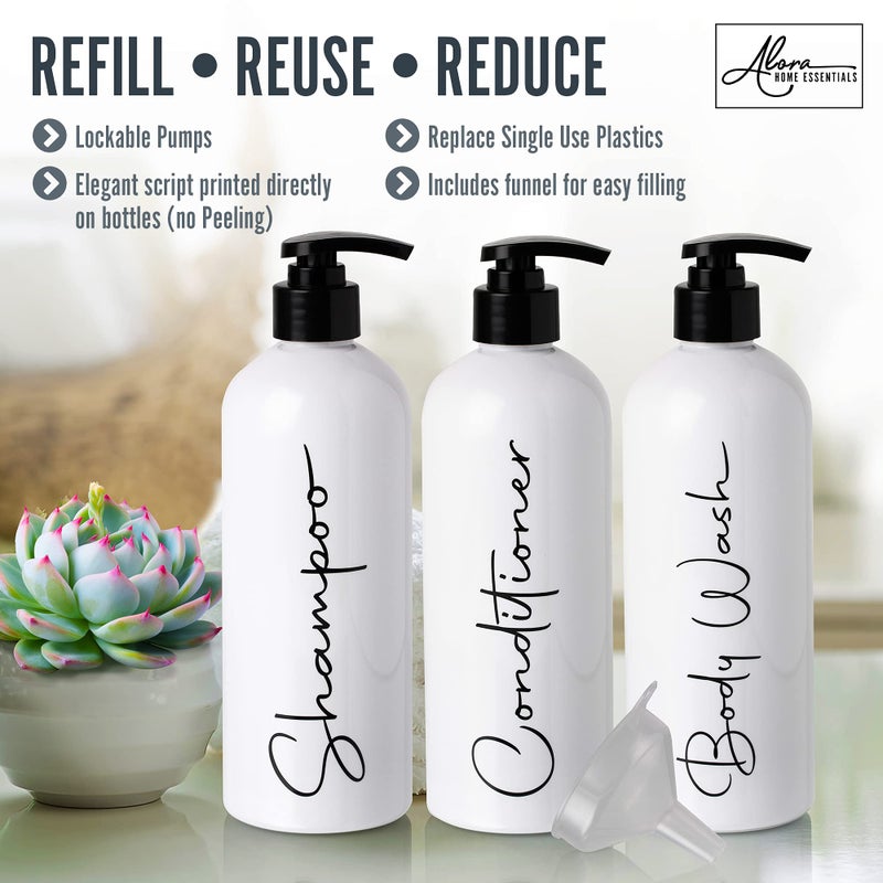 Alora Home Essentials Alora 16oz Refillable Shampoo and Conditioner Dispenser Bottles - Set of 3 - Pump Bottle Dispenser for Shampoo, Conditioner, Body Wash - Empty Plastic Refillable Containers for Shower, Matte White  - Image 2