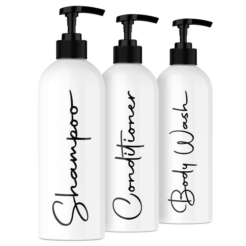 Alora Home Essentials Alora 16oz Refillable Shampoo and Conditioner Dispenser Bottles - Set of 3 - Pump Bottle Dispenser for Shampoo, Conditioner, Body Wash - Empty Plastic Refillable Containers for Shower, Matte White  - Image 1
