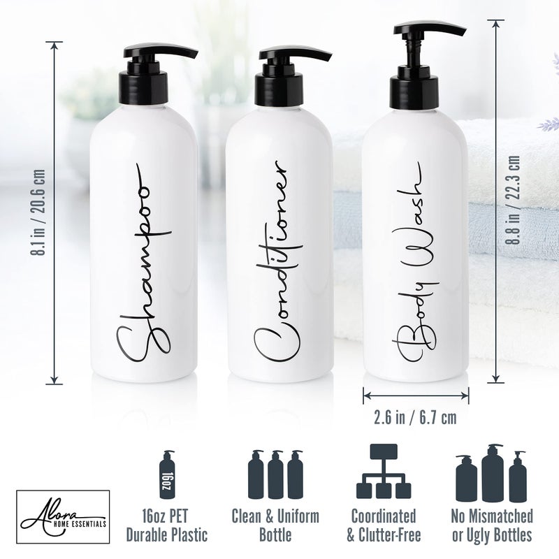Alora Home Essentials Alora 16oz Refillable Shampoo and Conditioner Dispenser Bottles - Set of 3 - Pump Bottle Dispenser for Shampoo, Conditioner, Body Wash - Empty Plastic Refillable Containers for Shower, Matte White  - Image 3