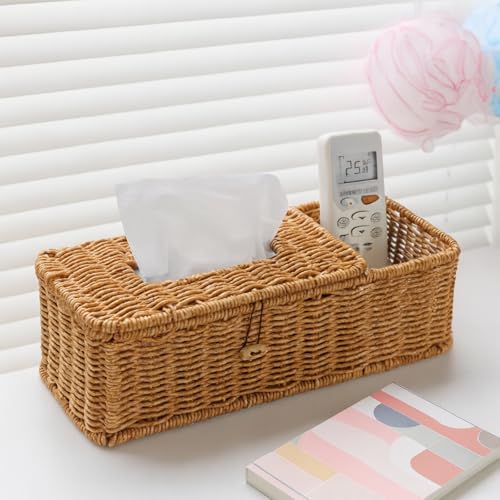Afarnook Rectangular Natural Rattan Tissue Box Cover Rustic Boho Decorative Seagrass Woven Wicker Facial Tissue Box Holder with Side Organizer for Bathroom Living Room Night Stand Table Office - Image 1