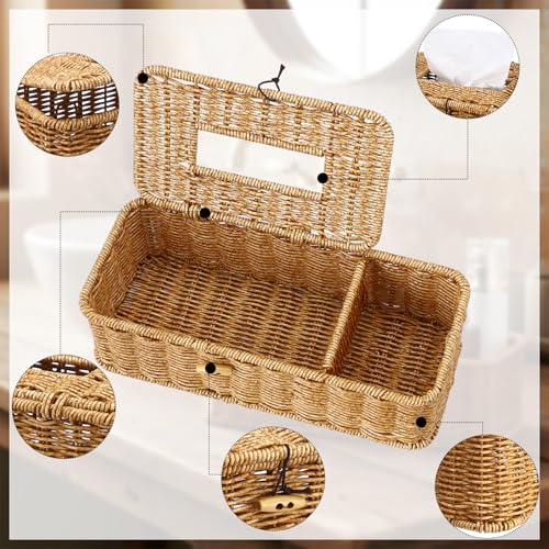 Afarnook Rectangular Natural Rattan Tissue Box Cover Rustic Boho Decorative Seagrass Woven Wicker Facial Tissue Box Holder with Side Organizer for Bathroom Living Room Night Stand Table Office - Image 3