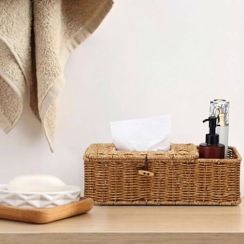 Afarnook Rectangular Natural Rattan Tissue Box Cover Rustic Boho Decorative Seagrass Woven Wicker Facial Tissue Box Holder with Side Organizer for Bathroom Living Room Night Stand Table Office - Image 4