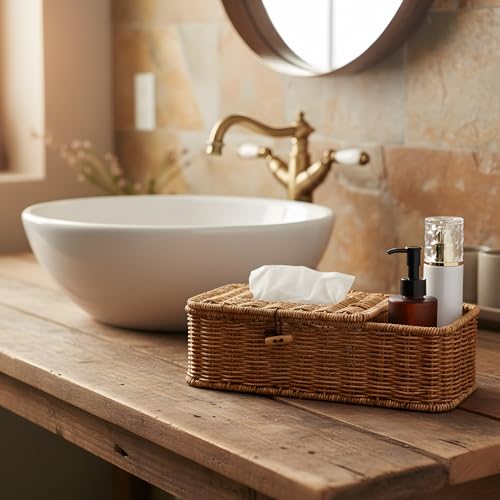 Afarnook Rectangular Natural Rattan Tissue Box Cover Rustic Boho Decorative Seagrass Woven Wicker Facial Tissue Box Holder with Side Organizer for Bathroom Living Room Night Stand Table Office - Image 5