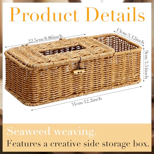 Afarnook Rectangular Natural Rattan Tissue Box Cover Rustic Boho Decorative Seagrass Woven Wicker Facial Tissue Box Holder with Side Organizer for Bathroom Living Room Night Stand Table Office - Image 2