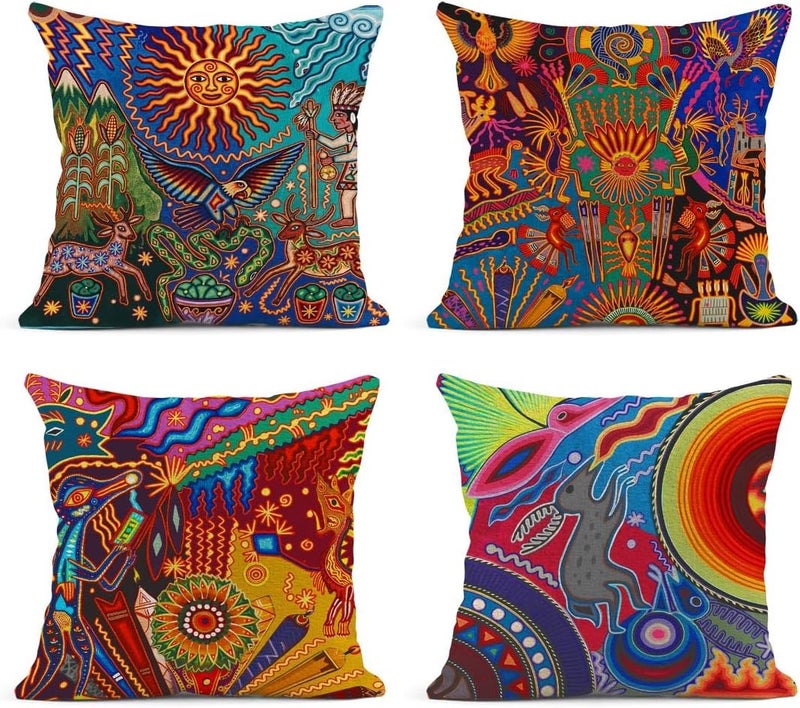 Sanwarm Throw Pillow Covers Home Decor Set of 4 Pillow Cases Decorative 18 x 18 Inches Outdoor Cushion Couch Sofa Pillowcases Colorful Circle Doodle Ethnic Leaf - Image 1
