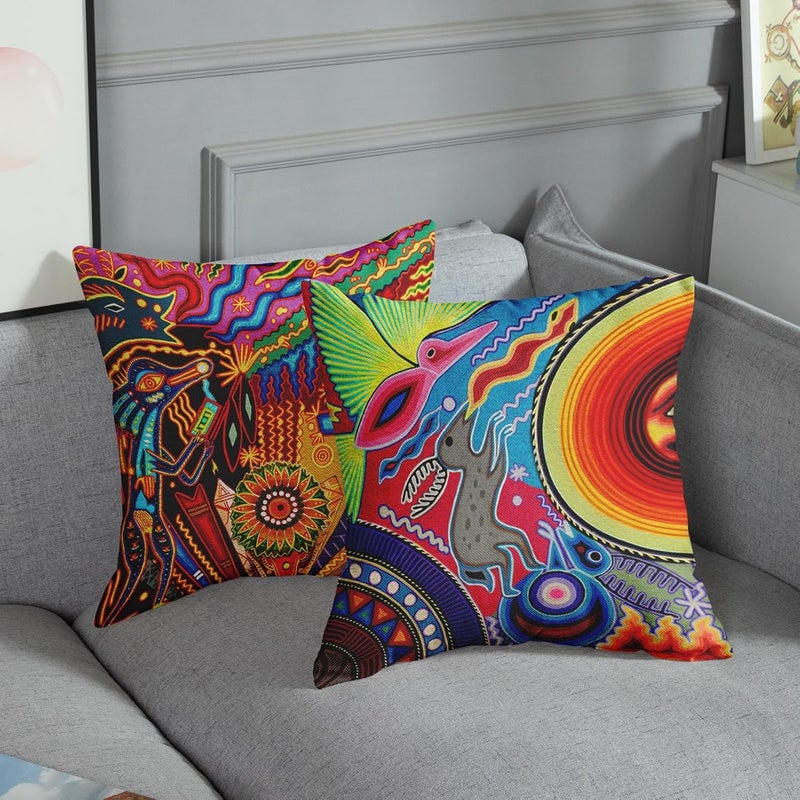 Sanwarm Throw Pillow Covers Home Decor Set of 4 Pillow Cases Decorative 18 x 18 Inches Outdoor Cushion Couch Sofa Pillowcases Colorful Circle Doodle Ethnic Leaf - Image 4
