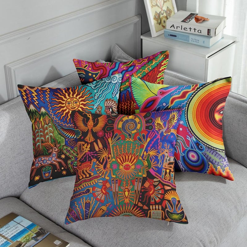 Sanwarm Throw Pillow Covers Home Decor Set of 4 Pillow Cases Decorative 18 x 18 Inches Outdoor Cushion Couch Sofa Pillowcases Colorful Circle Doodle Ethnic Leaf - Image 5