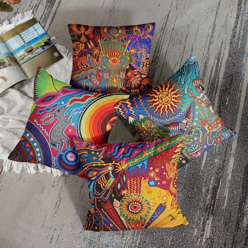 Sanwarm Throw Pillow Covers Home Decor Set of 4 Pillow Cases Decorative 18 x 18 Inches Outdoor Cushion Couch Sofa Pillowcases Colorful Circle Doodle Ethnic Leaf - Image 2