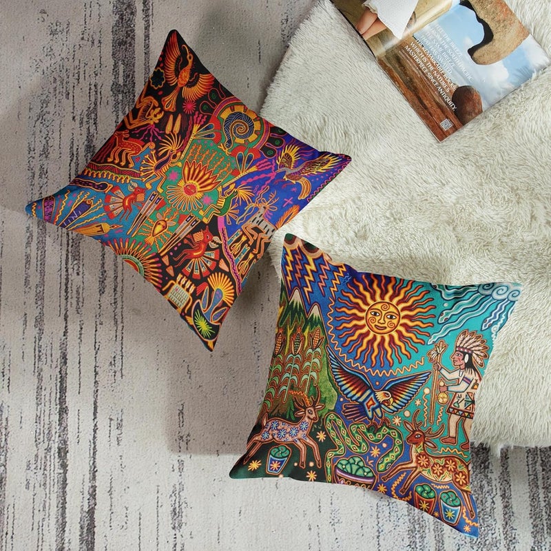 Sanwarm Throw Pillow Covers Home Decor Set of 4 Pillow Cases Decorative 18 x 18 Inches Outdoor Cushion Couch Sofa Pillowcases Colorful Circle Doodle Ethnic Leaf - Image 3
