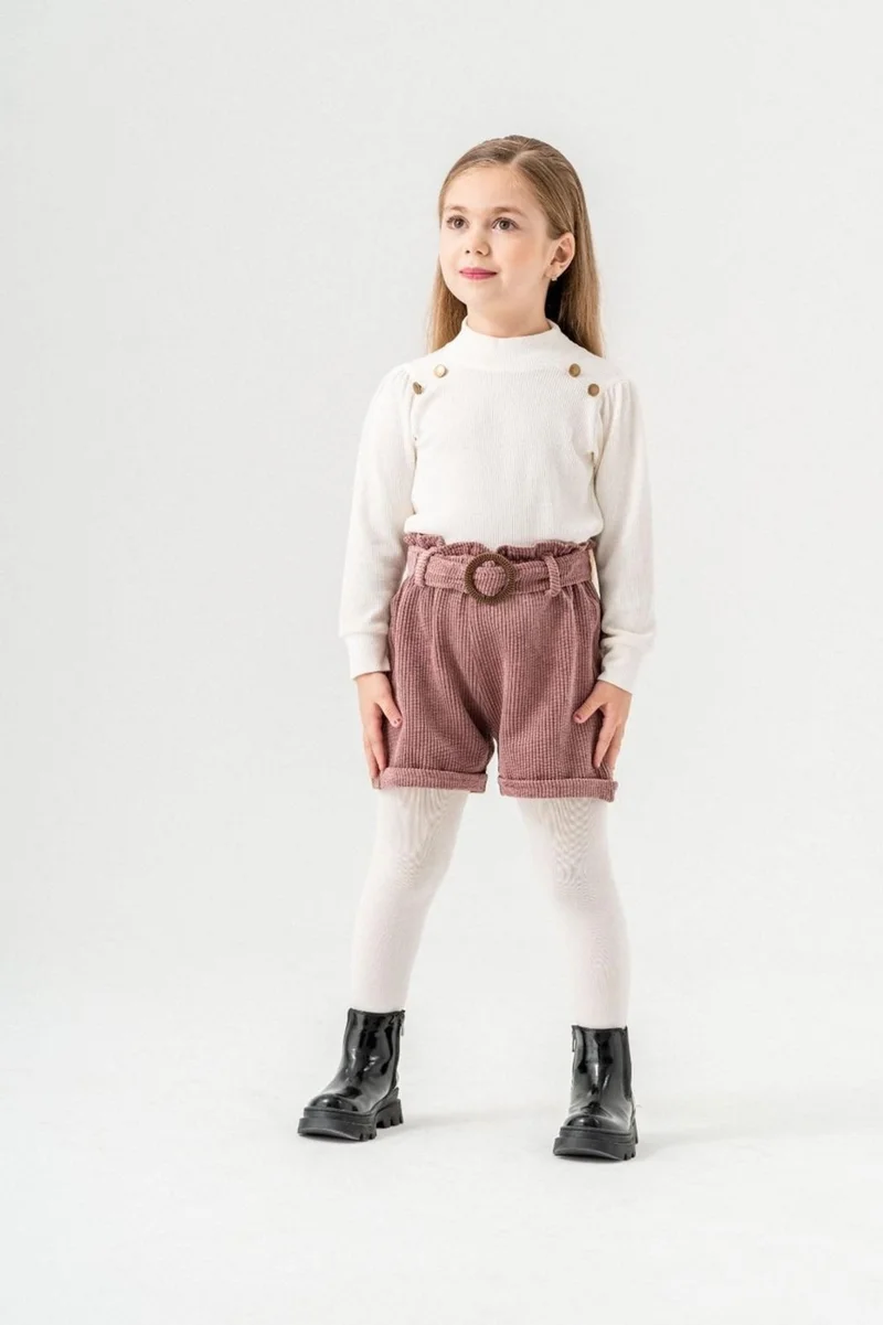 مينيمن جيجيليري My Little One's Cicileri Button Detailed Velvet Shorts Girls 3-Piece Set - Dusty Rose
